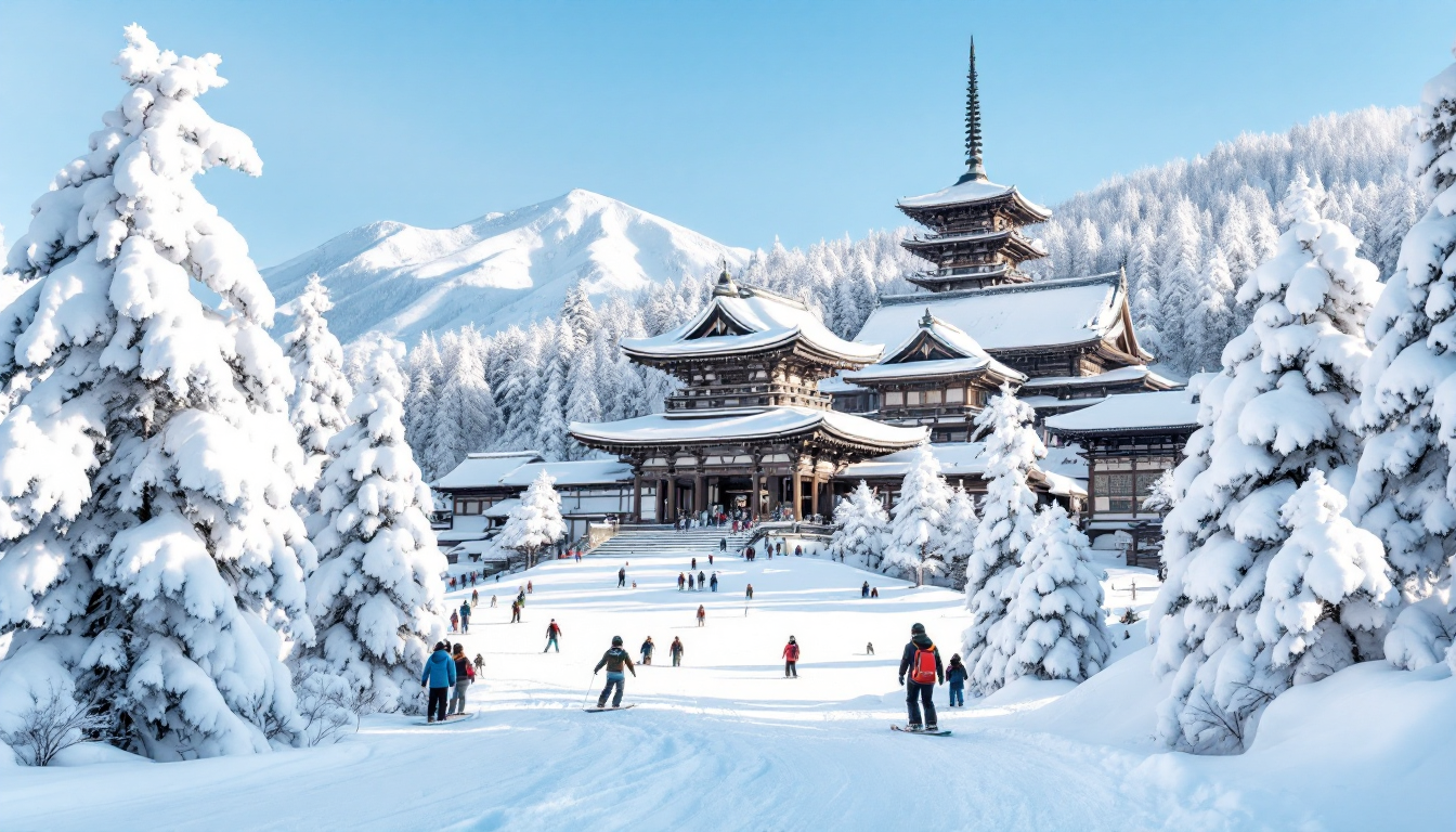 Snowy Niseko slopes and serene snowy temples in Kyoto Japan winter