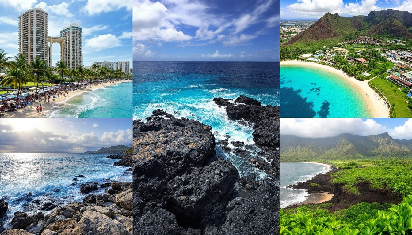 Collage of popular first-time visitor neighborhoods in Hawaii: Waikiki, Ko Olina, Ka'anapali, Poipu, Kona Coast with corresponding beach and resort imagery