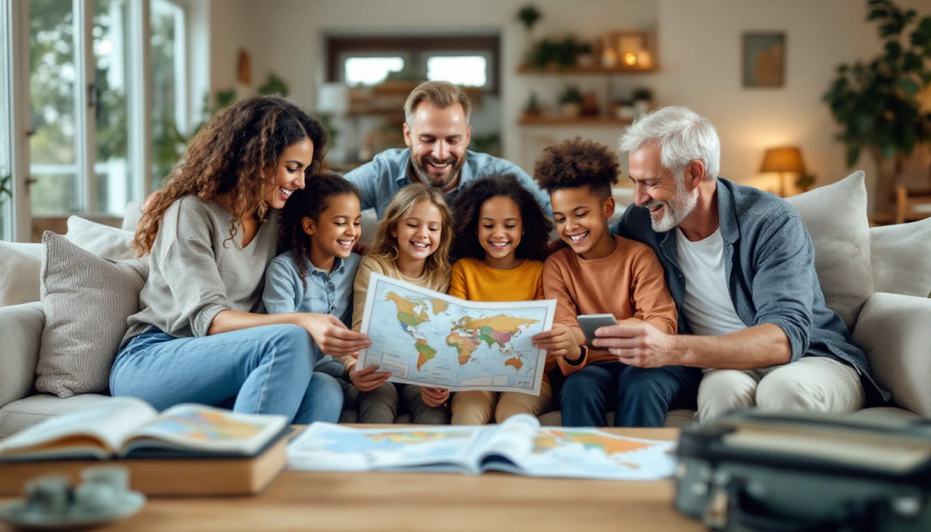 Family multi-generational travel planning with maps and luggage