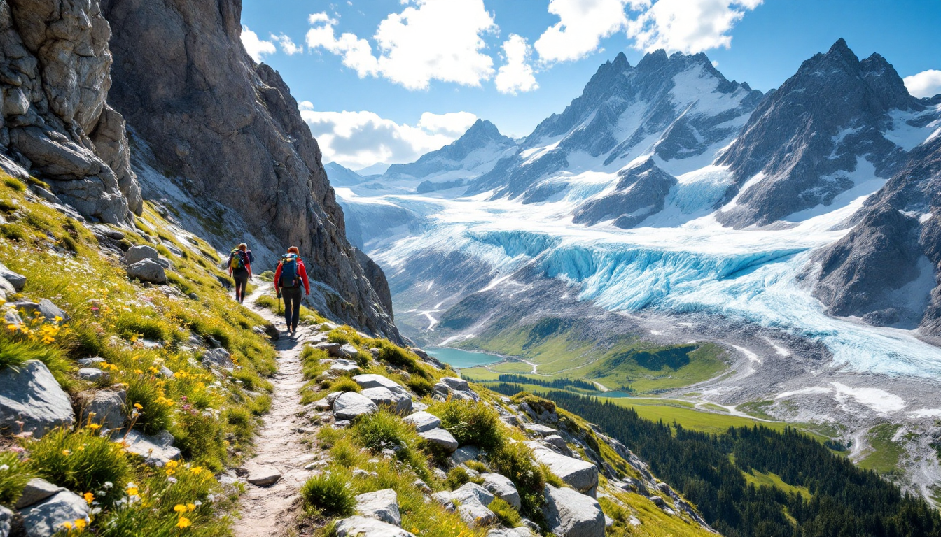 Summer alpine trekking on Tour du Mont Blanc in Europe with glaciers and mountain views