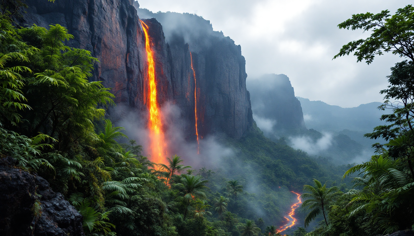 Volcano erupting at Hawaii Volcanoes National Park with lava flows and surrounding forest