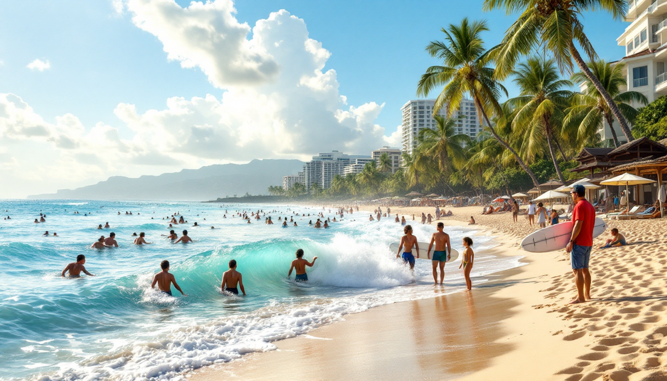 Waikiki Beach showing calm waves, beginner surfers, and beachfront hotels