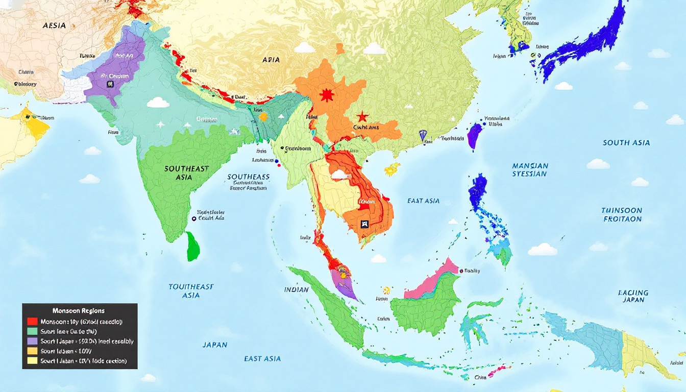 Map of Asia showing regional monsoon variations and timelines with weather icons