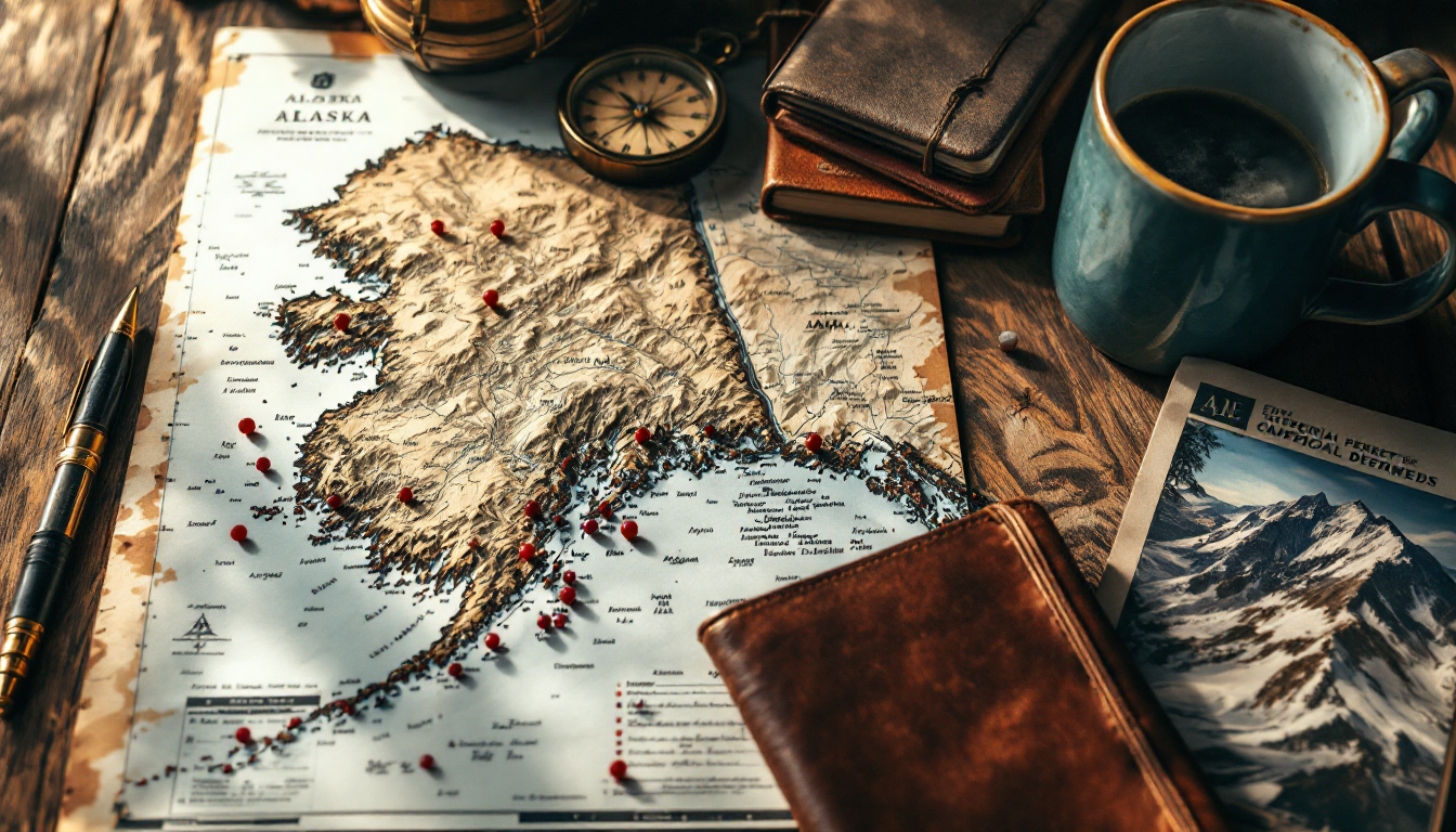 Travel planning materials including map, compass, and notes on a table