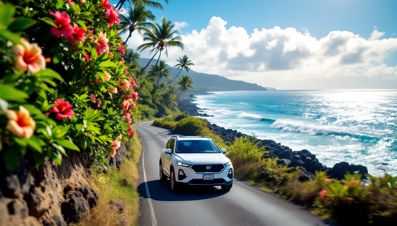 Rental car driving along scenic coastal road on Maui surrounded by tropical greenery and ocean views