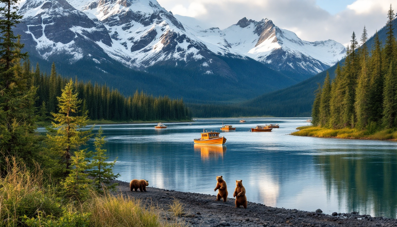 Scenic view of Kenai Peninsula wilderness with forests, glaciers, and fishing activity