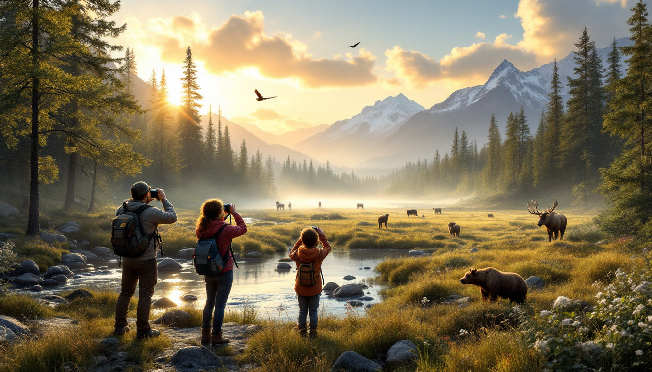 Families observing wildlife at Alaska Wildlife Conservation Center and biking coastal trail in Anchorage