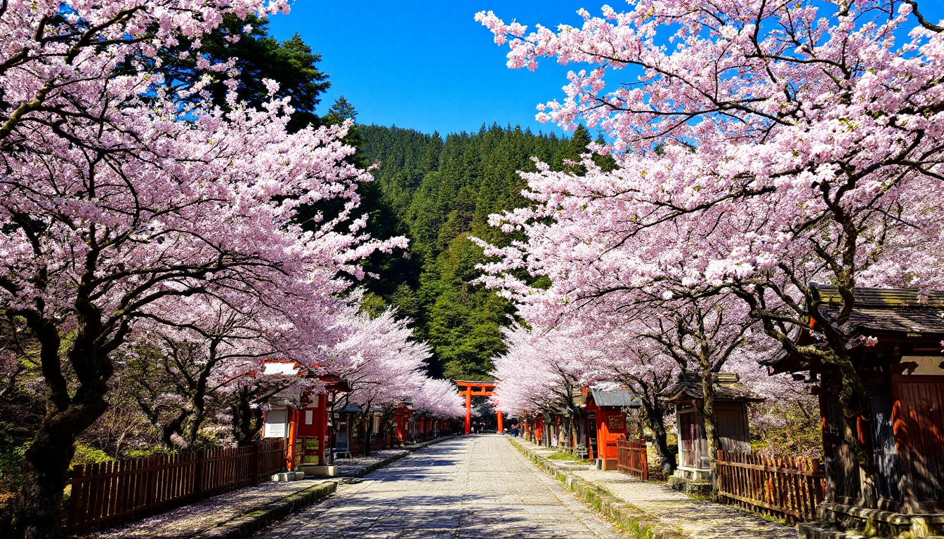 Spring scene of Kumano Kodo pilgrimage trail with cherry blossoms and ancient forest in Japan