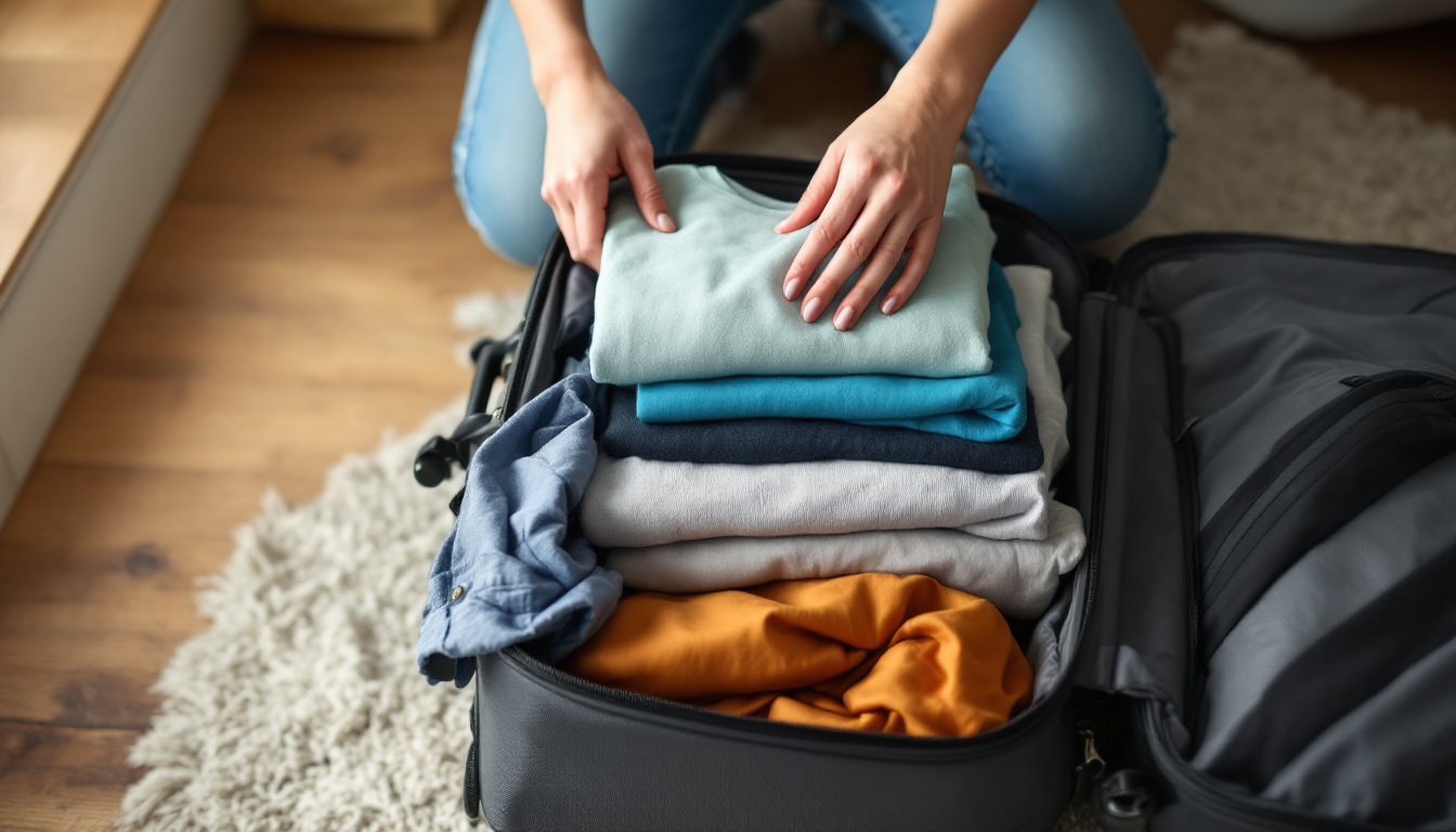 Traveler packing light for multiple short inter-island flights with essentials and security checklist