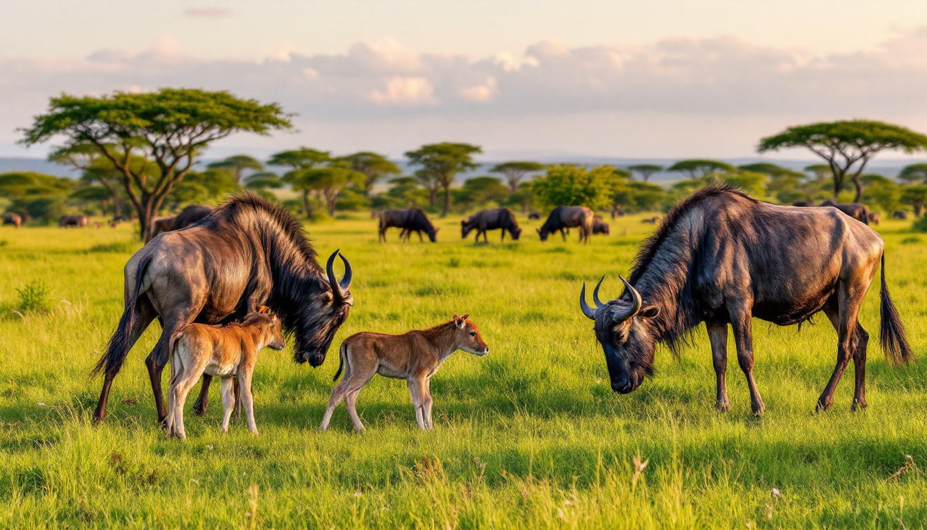 Spring calving season wildlife in Serengeti with newborn wildebeest and predators in the grasslands