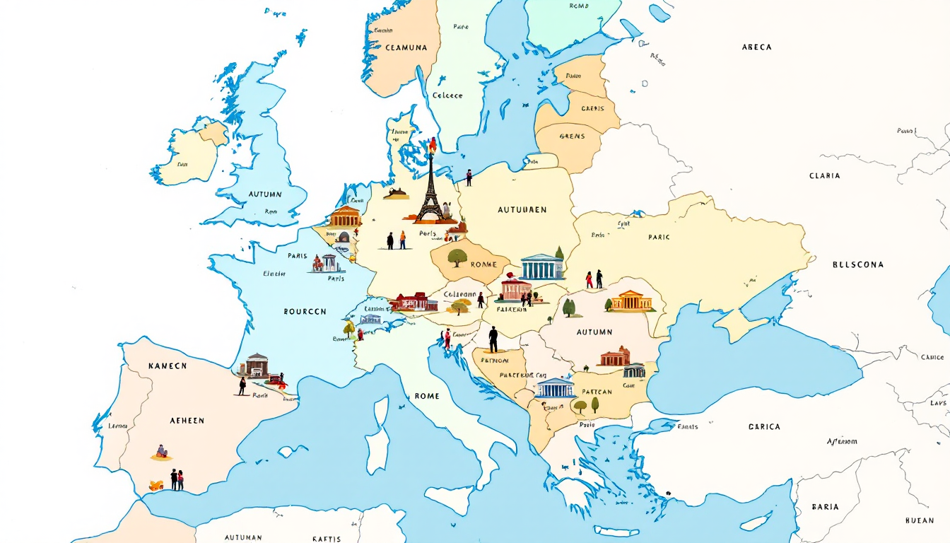 Map of Europe highlighting best travel times in spring and autumn with famous landmarks and mild weather visuals