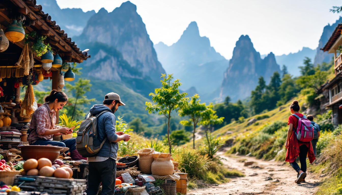 Modern traveler engaged in authentic cultural and adventure experiences including crafts, markets, and outdoor activities.