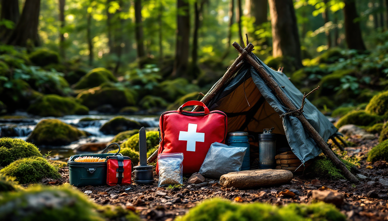 Wilderness survival gear and emergency preparedness setup