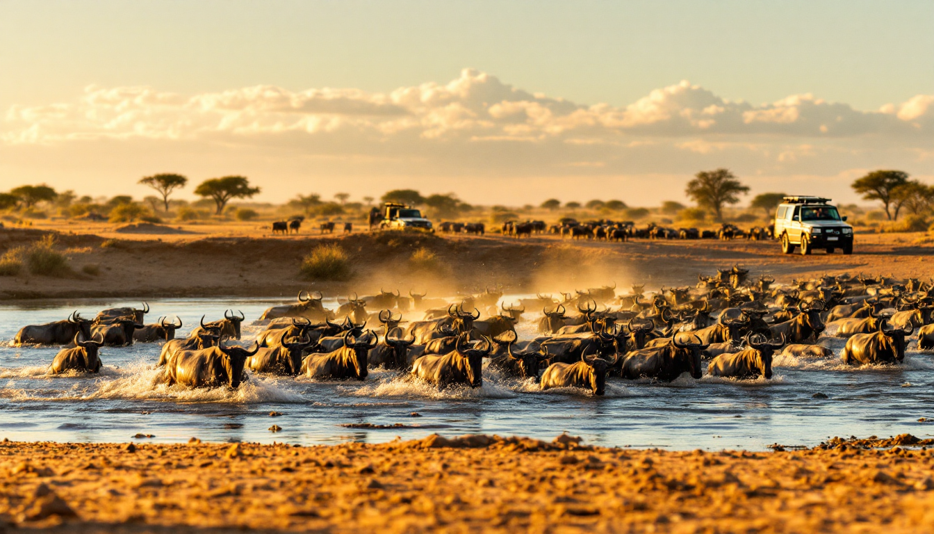 Kenya safari dry season wildlife scene with wildebeest migration crossing river under golden light