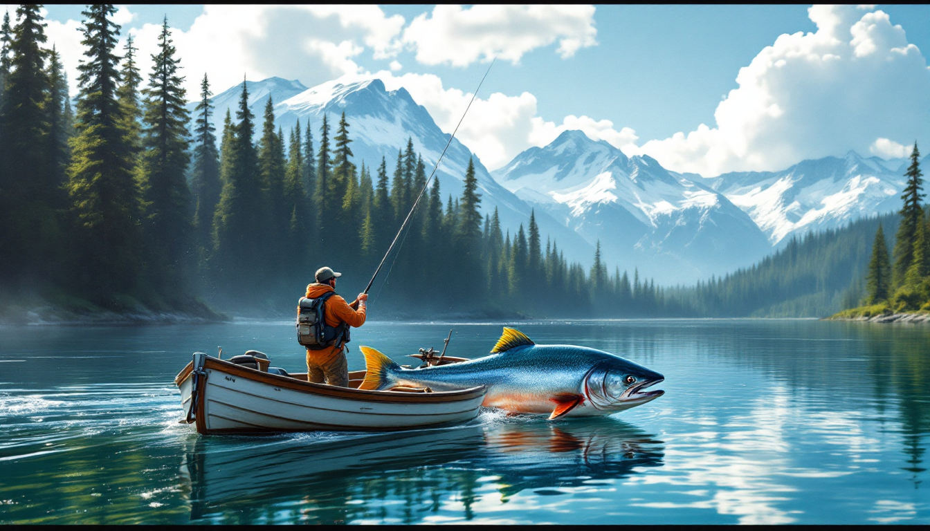 Angler catching king salmon on Alaskan river