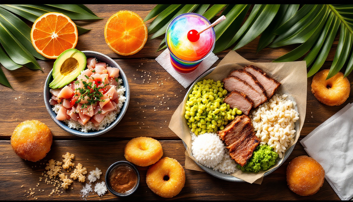 Assortment of popular Hawaiian dishes representing local cuisine