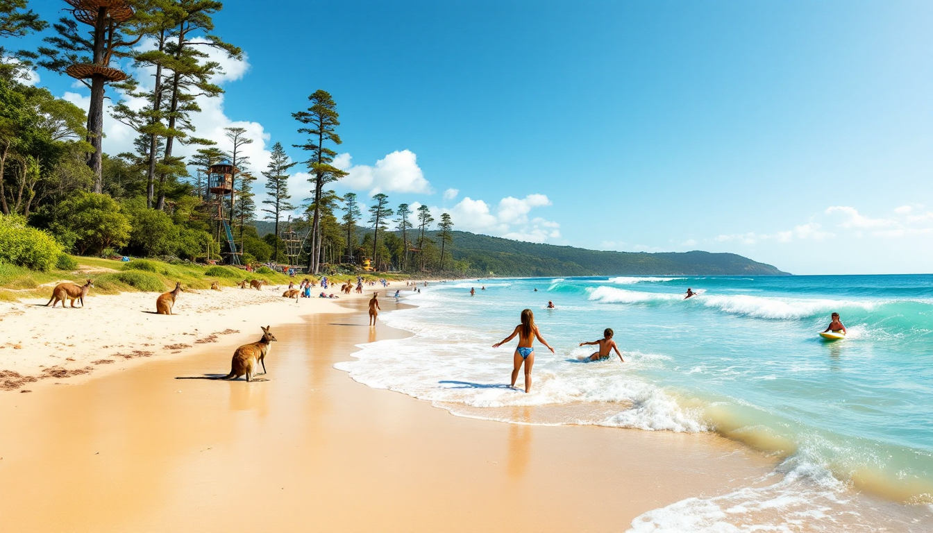 Gold Coast Australia beach surf kids kangaroo wildlife sanctuary treetop ropes course family outdoor fun