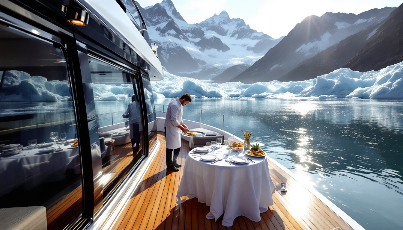 Private glacier cruise yacht near calving glaciers with gourmet dining