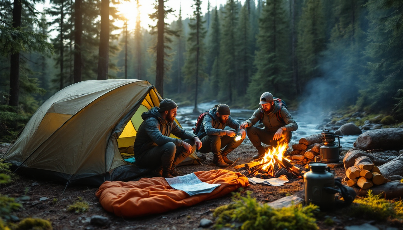 Budget-friendly backpacking camp setup in Alaskan forest wilderness during daytime.