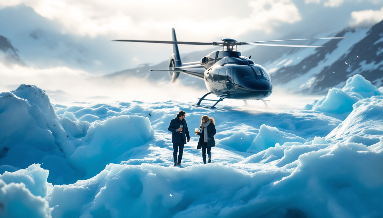 Private helicopter landing on an Alaskan glacier with guests and champagne