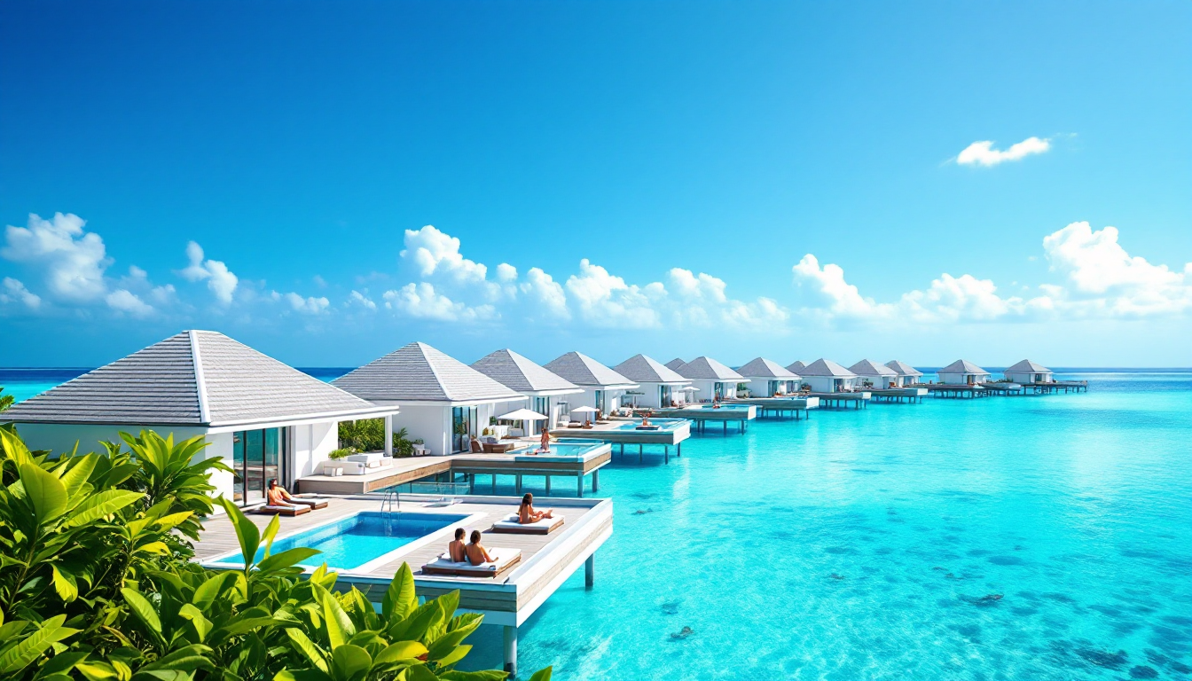 Maldives luxury overwater bungalows turquoise ocean crystal clear water sunny day spa environment
