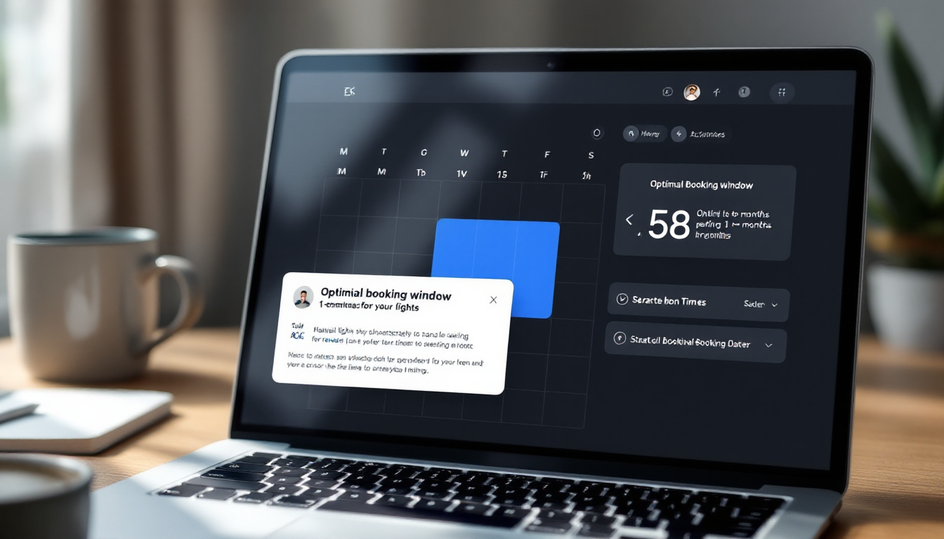 Laptop screen displaying flight booking calendar with best booking window highlighted