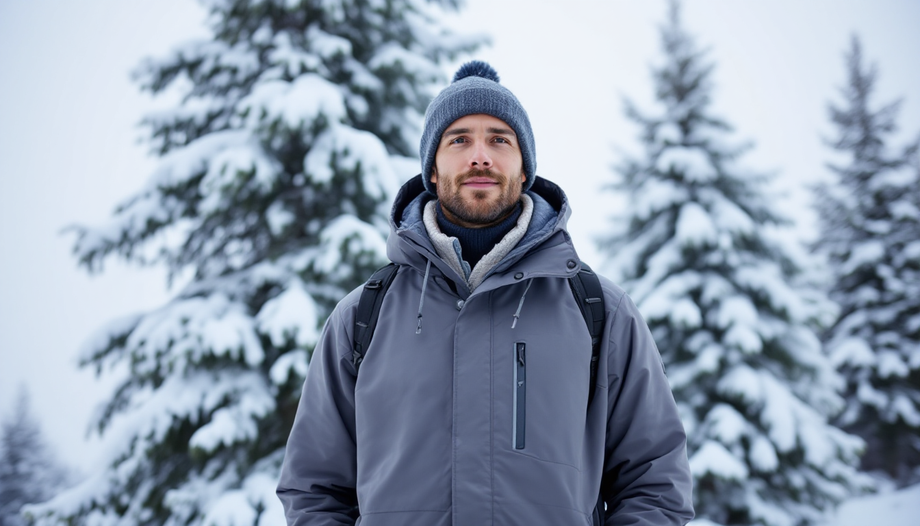 Traveler dressed in three-layer system gear for cold winter adventure travel in snowy environment
