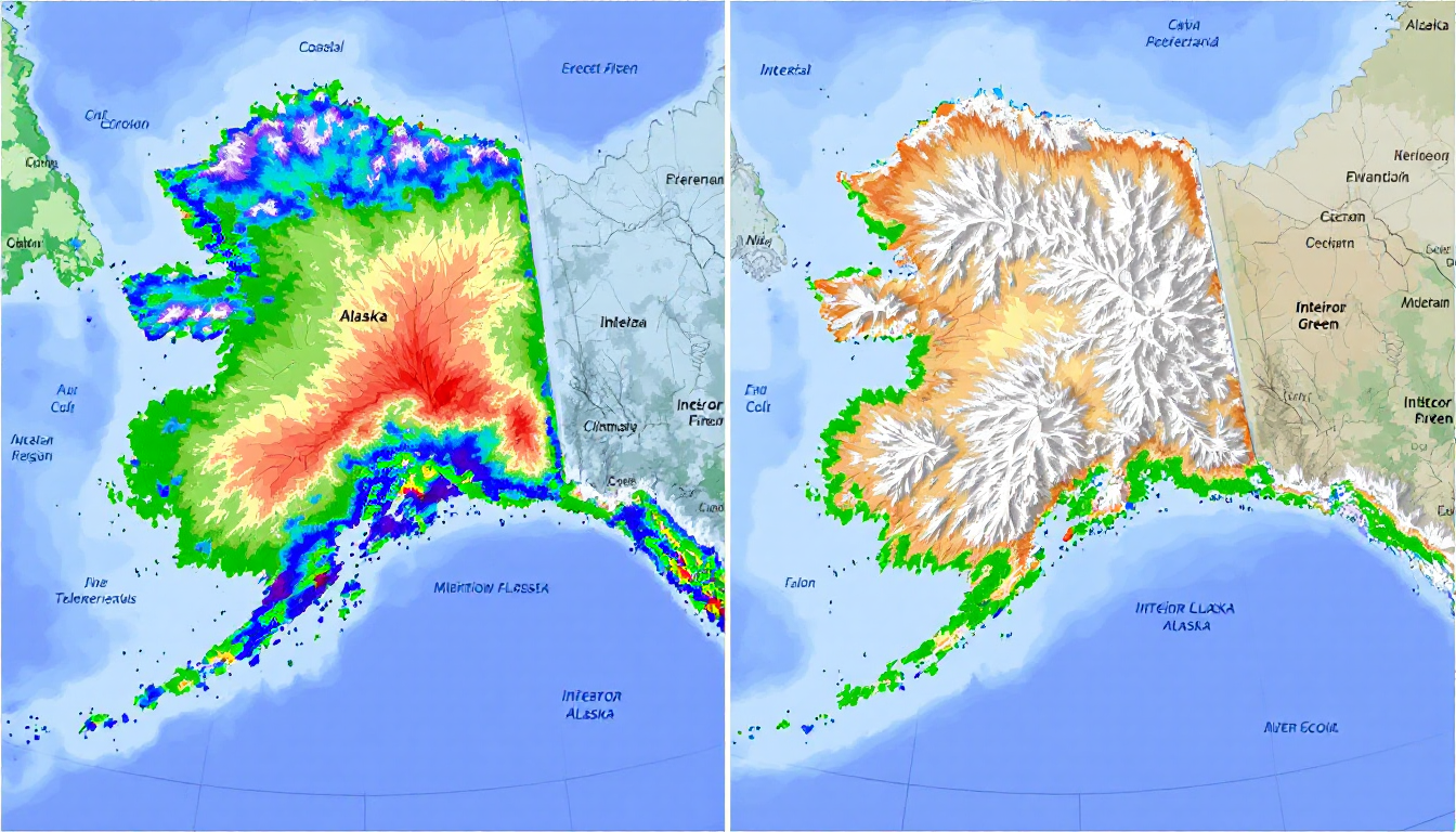 Map contrasting maritime coastal climate and extreme interior climate of Alaska