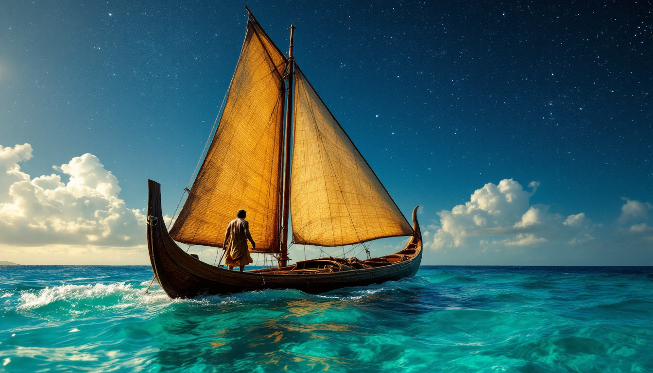 Traditional Polynesian double-hulled canoe navigating the Pacific guided by stars