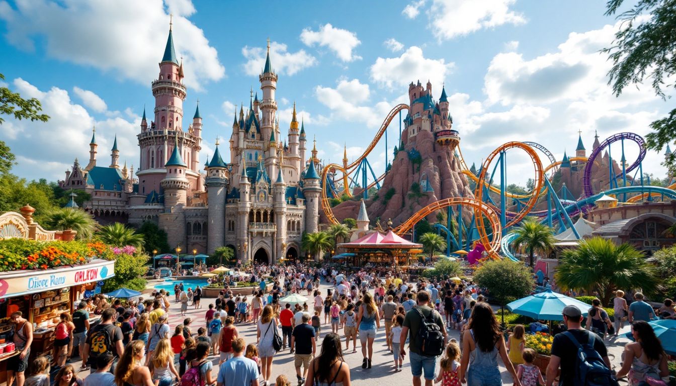 Orlando theme park vibrant rides castle roller coaster happy families next generation attractions