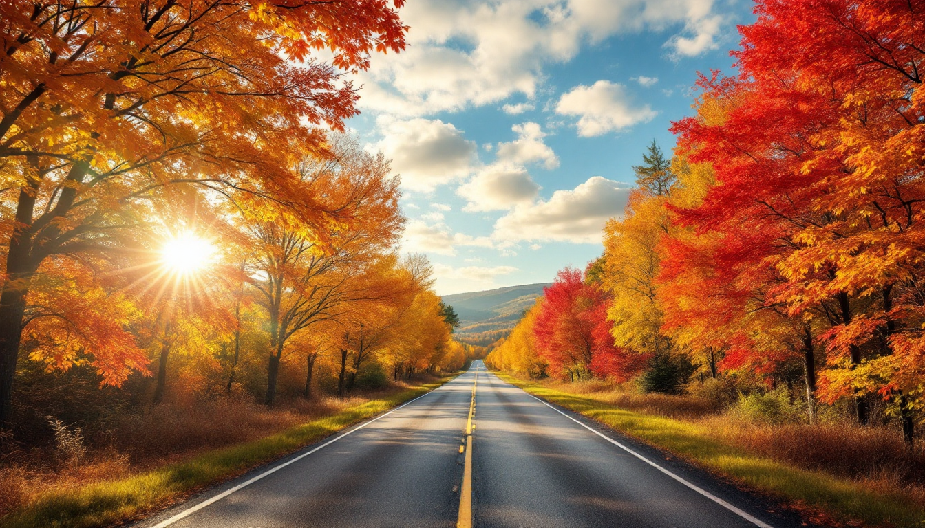 New England countryside road bordered by colorful autumn leaves