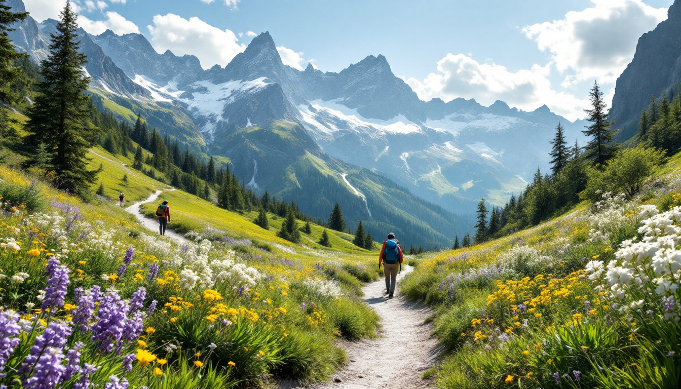 European mountain trail in spring with blooming flowers and hikers enjoying mild weather