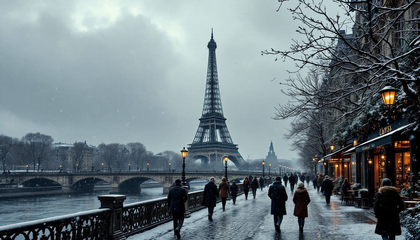 Paris cityscape in winter with snow and people enjoying cafes
