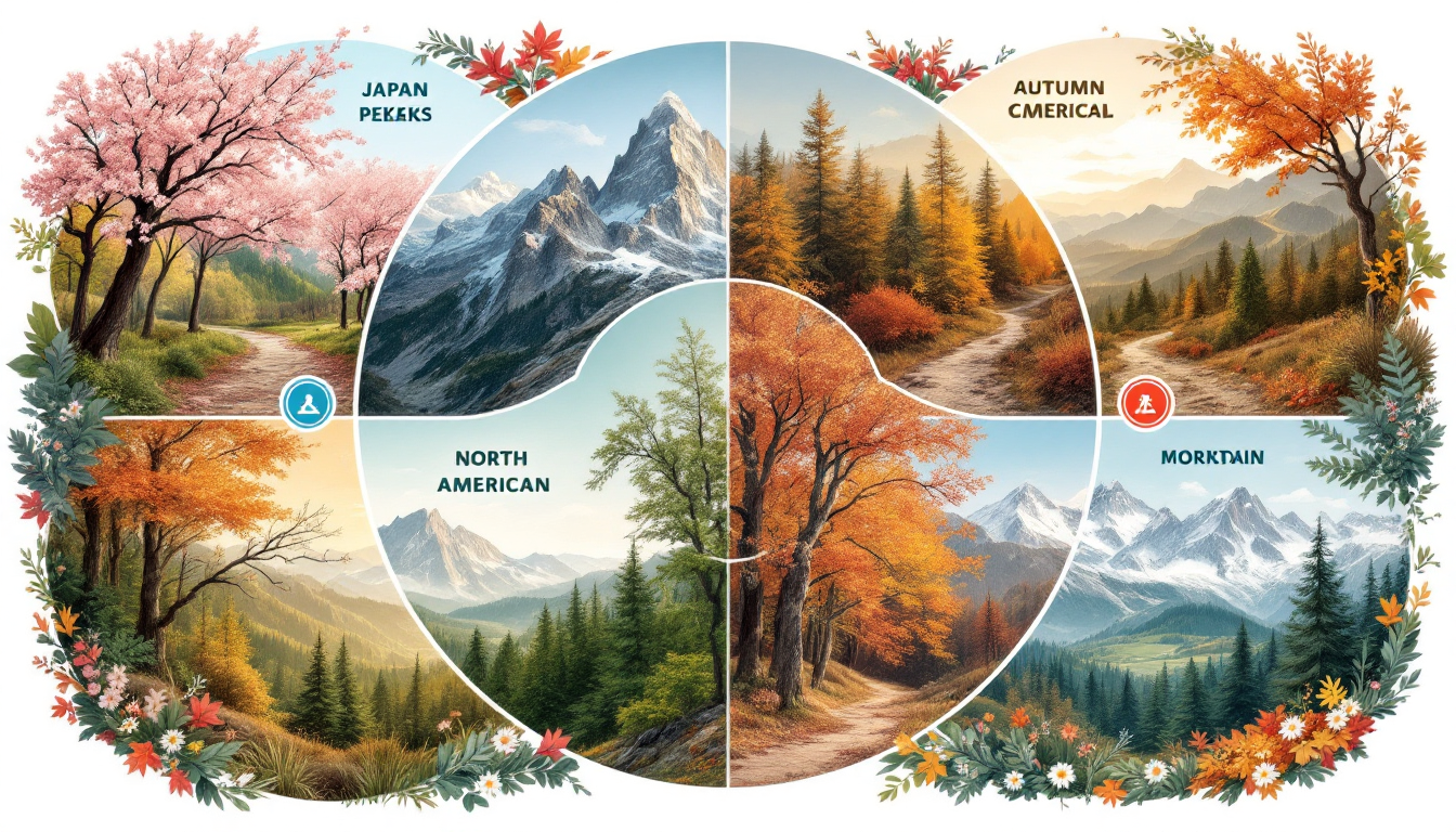 Year-round adventure calendar montage with hiking scenes from each season and diverse global locations