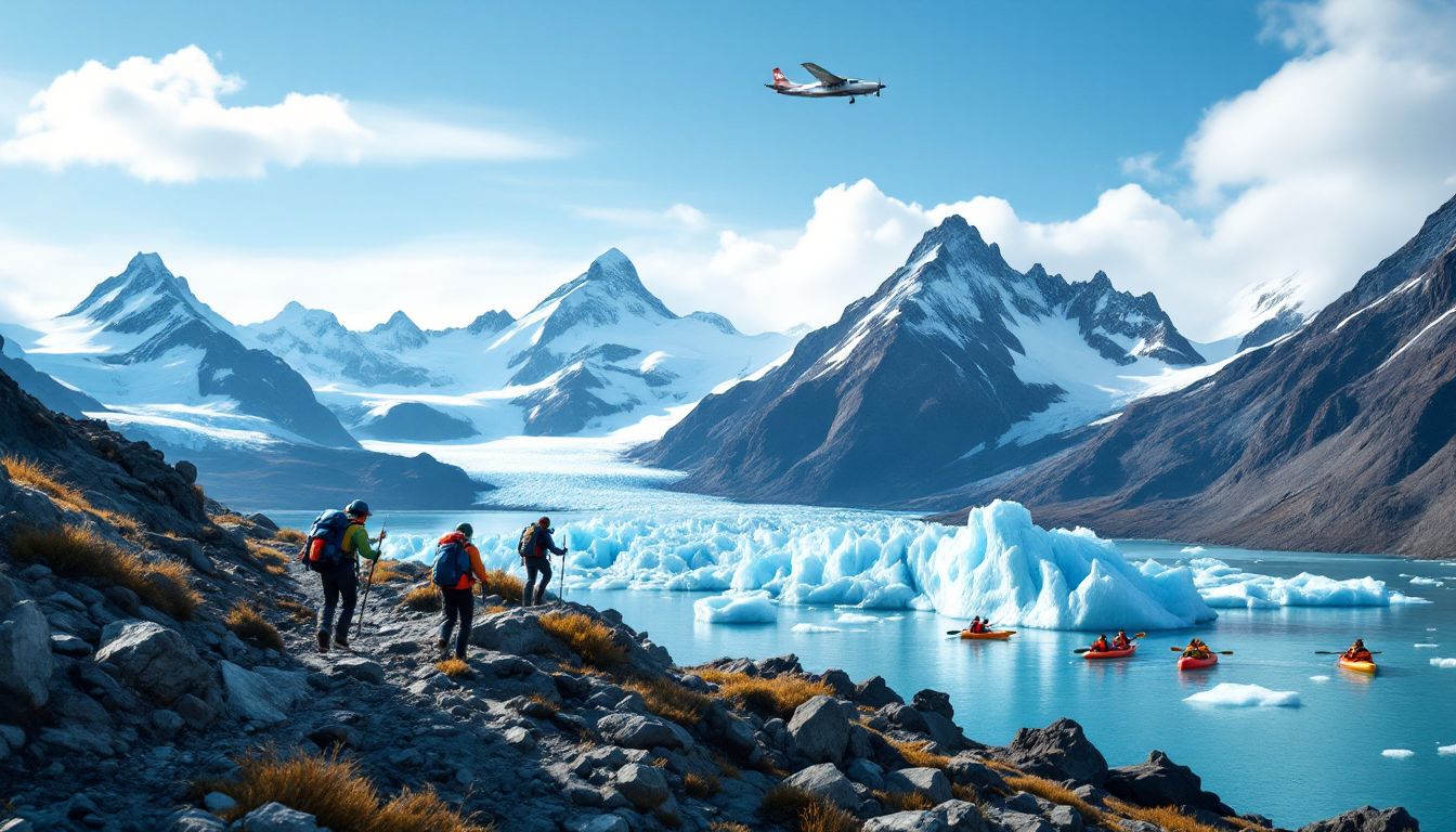 Adventurers exploring Denali, kayaking Kenai Fjords, and aerial flightseeing in Alaska