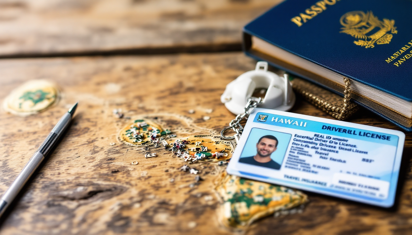 Close-up of travel documents including passport and REAL ID with Hawaiian map background