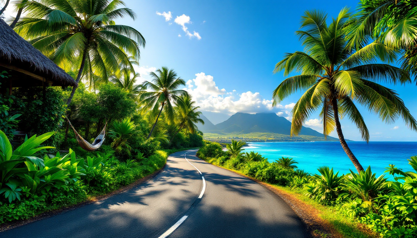 Calm Hawaiian tropical road surrounded by lush greenery under a blue sky illustrating relaxed island travel atmosphere