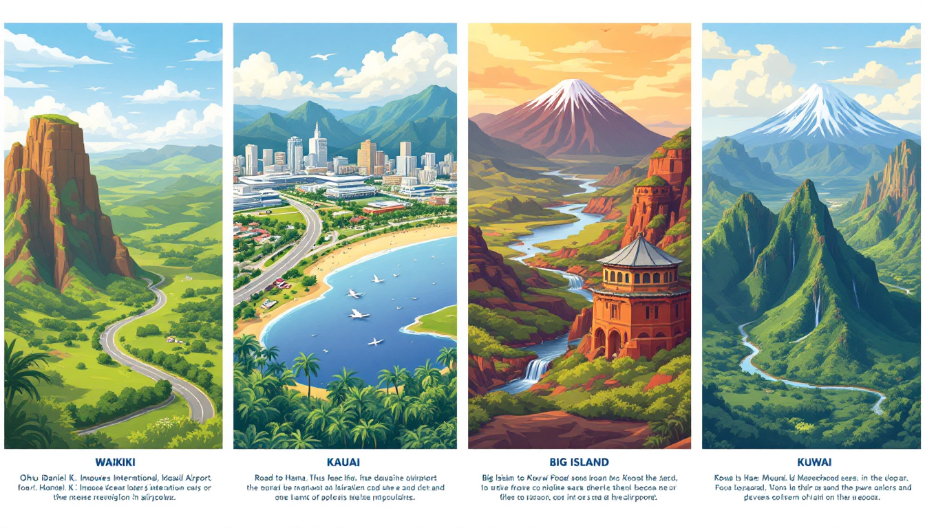 Map showcasing Hawaii islands with famous landmarks and main airports