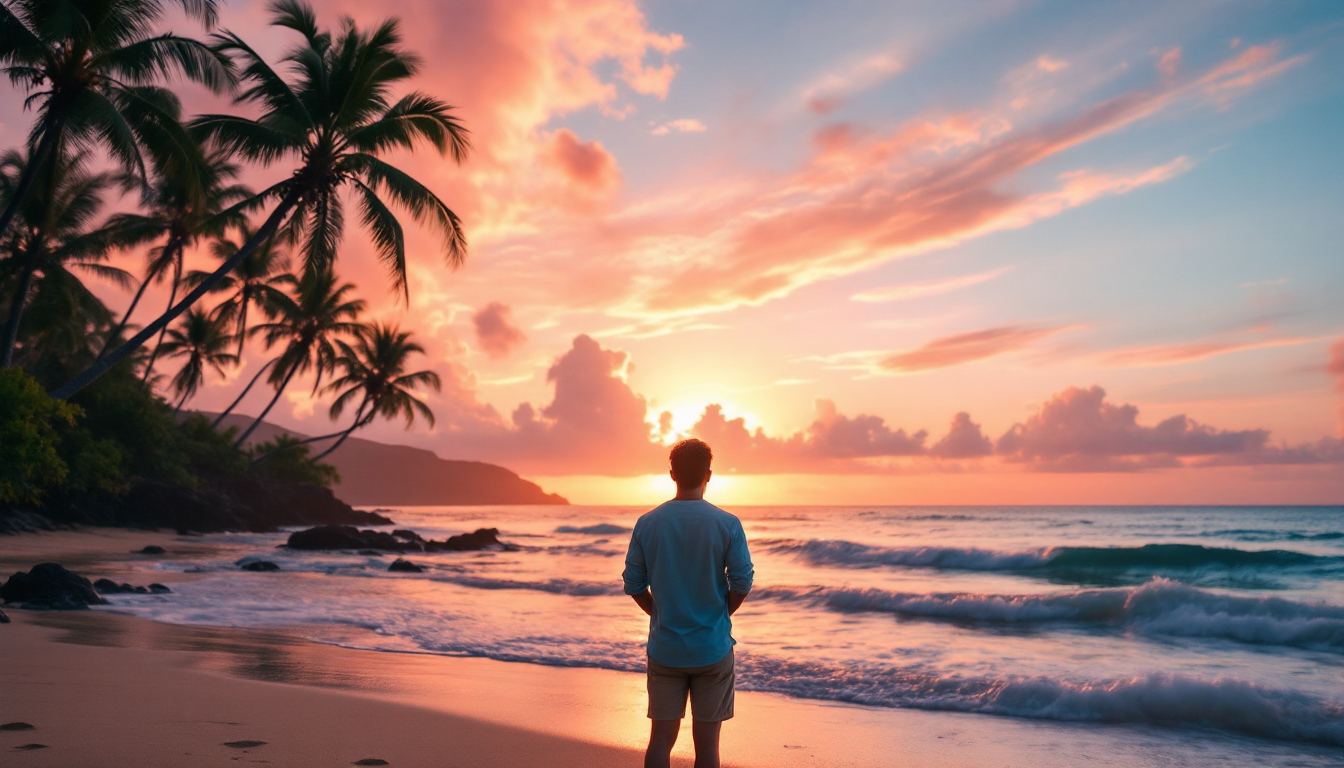 sunset with palm trees symbolizing the achievable dream of a Hawaii trip