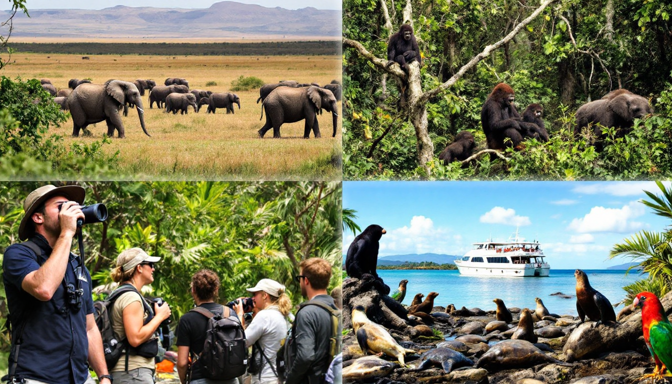 Travelers observing wildlife in pristine natural ecosystems during conservation-focused trips
