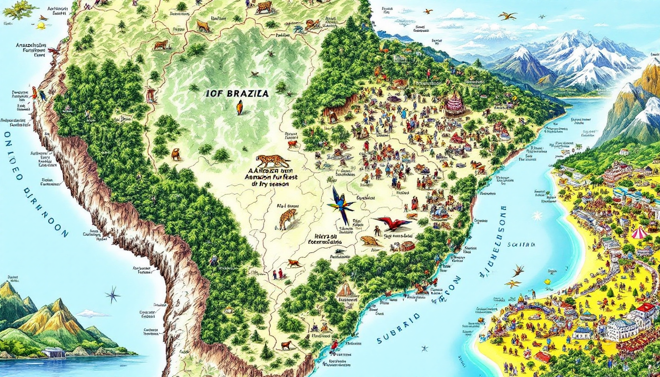 Brazil showing seasonal travel regions including Amazon dry season, Rio carnival, and southern seasonal weather differences
