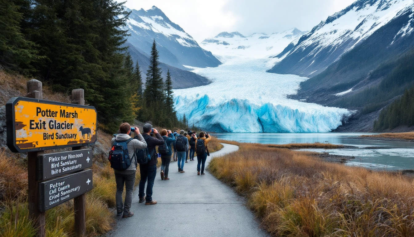 Family walking trail to Exit Glacier and bird watching at Potter Marsh