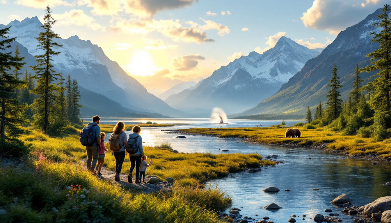 Family enjoying summer activities outdoors in Alaska with scenic mountains and river under bright daylight