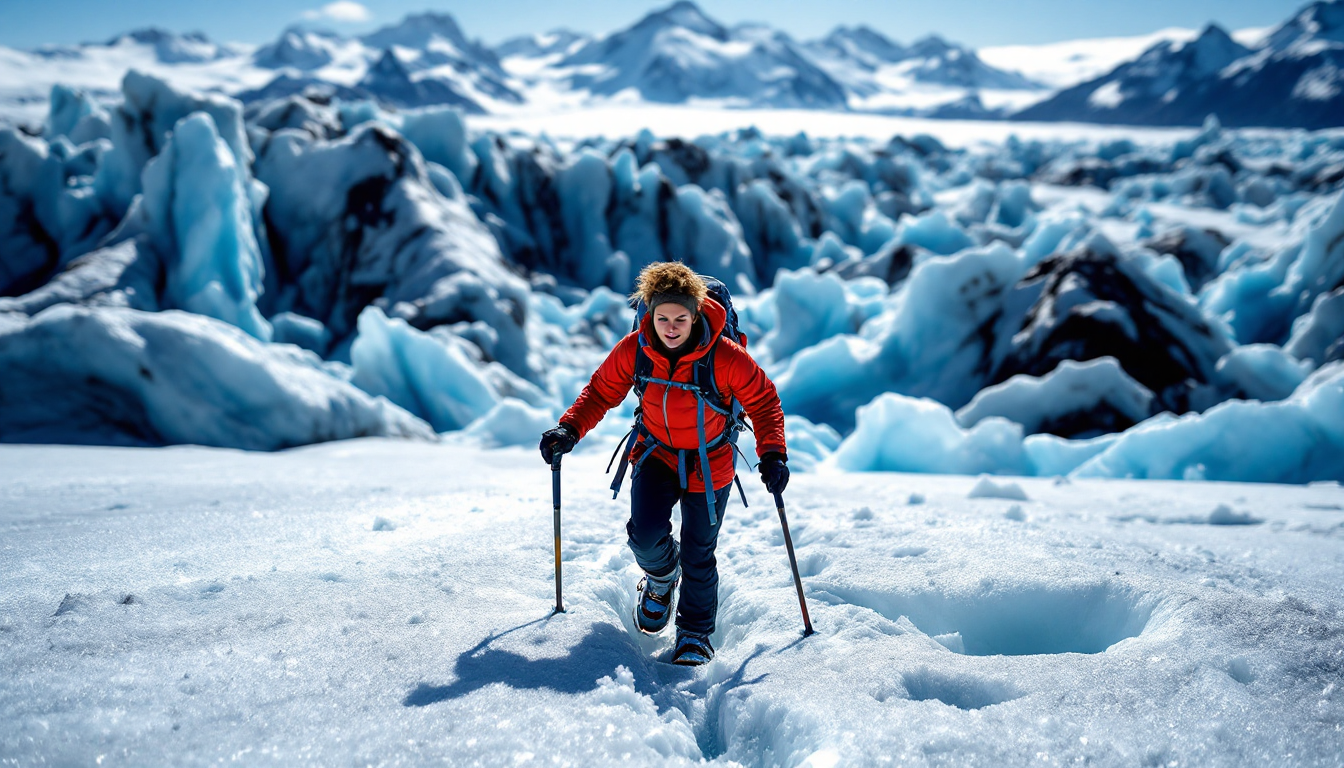 Glacier trekking on blue ice with crampons and ice axes