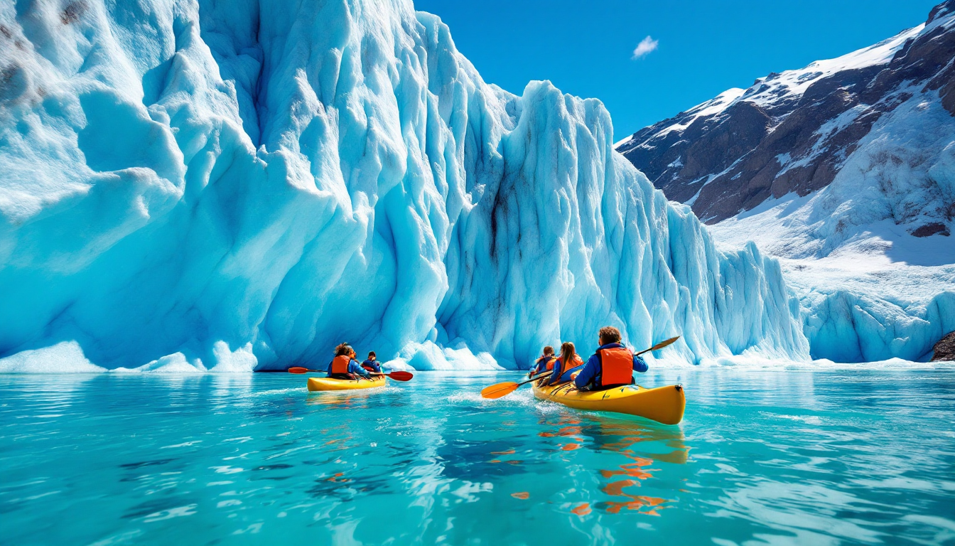 Teenagers kayaking near grand glaciers in Alaska