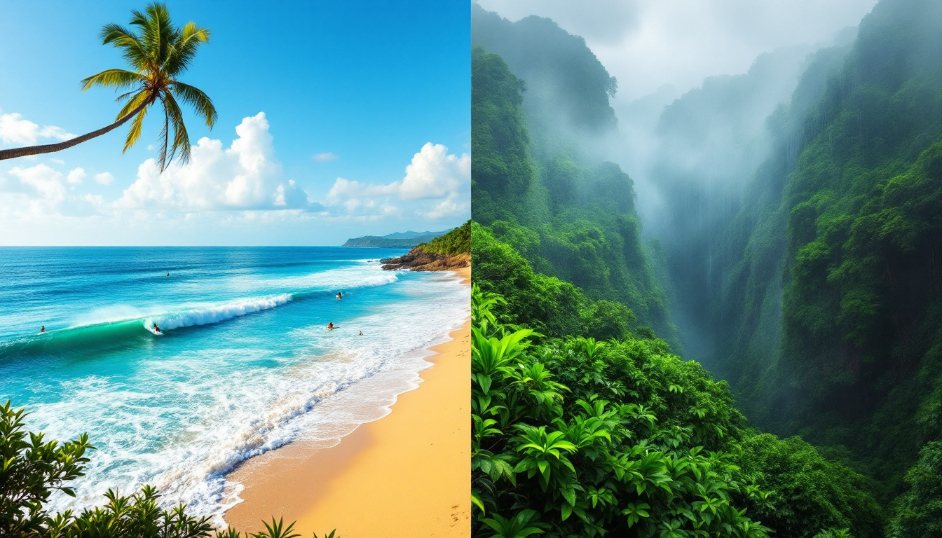 Bali landscape divided between dry sunny season and wet lush rainy season with surfers and rain showers