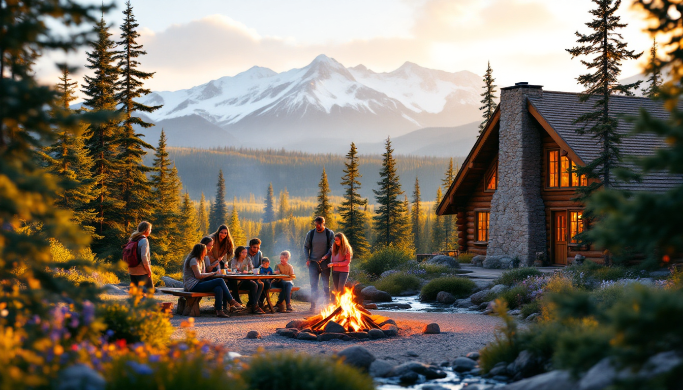 Family enjoying outdoor activities at an Alaska resort in Denali or Kenai Peninsula
