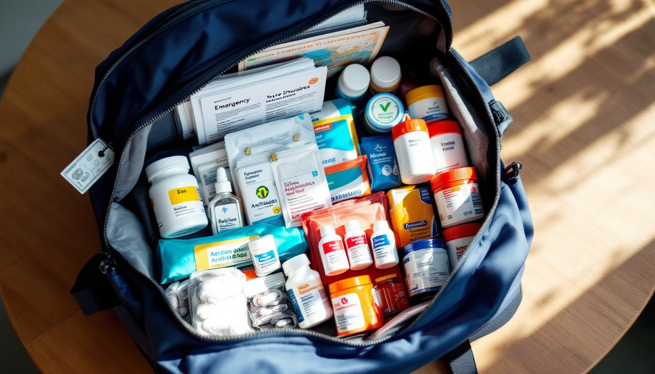 Custom medical kit and travel insurance documents prepared for safe travel