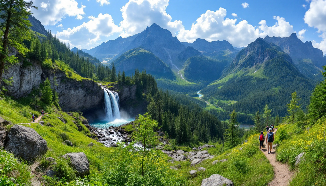 American national park in spring with waterfalls and hikers