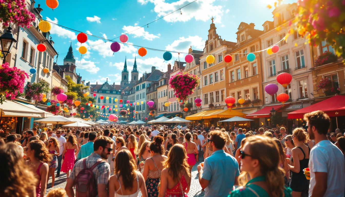 Lively European summer festival with crowd and colorful decorations